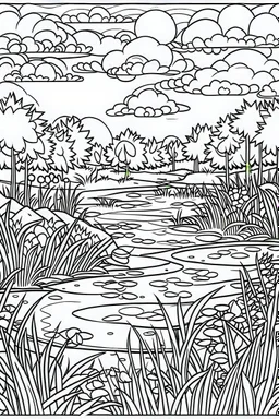 coloring page, pond in the field, cartoon style, thick lines, low detail, no shading