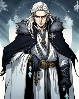 a young High Elf frost Wizard with long wiry hair, wearing a black trimmed white nobleman's robe and frost ornaments on clothes, with a small weasel on his shoulder