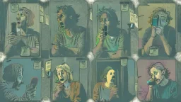 8 panels showing 8 different addicts talking on the phone