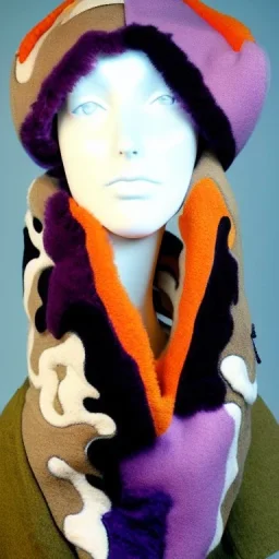 Caucasian white woman black hair. average body type. Mantle is sewed of recycled Denim and sewed together of camouflage pieces. Patterns are composed of orange, cream, blue, lilac and purple. blue latex gaiters. It is with big bright purple felt tippet and cream-colored-hood. mantle is merged with tippet. Big AKG-style headphones (gold rings!) is merged with small felt cap with small visor. Style: Haute Couture, 1920's, Paris fashion, late nineties, street art.