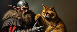 master oil painting by Rembrandt, fantasy orc soldier holding and petting a big ugly cat