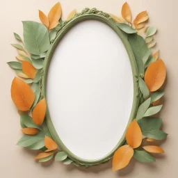 Oval picture frame in the colors mango and light green leaves and some light orange all on a light background