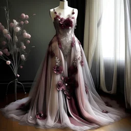 night gown, worked organza fabric, synthetic material, nylon, dusty pink, mineral gray, burgundy and platinum colors, milky colors