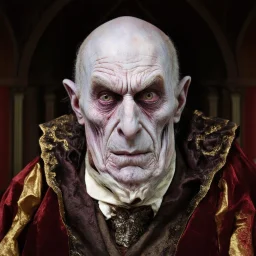 very grainy discolored modern photo, closeup portrait, dark ancient hall with no lights, grunge, extremely old male with chalk-white skin wearing old dashing and opulent gilded clothes, threatening, imposing, nosferatu