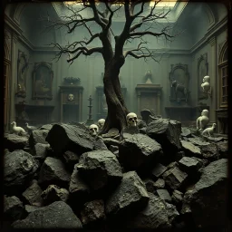 photo, 1920 horror movieshot, rocks, very odd objects in background, Ades, Charon, tenebroso, macabro, marcio, interno museo, hypermaximalist, odd, intricate, Lawrence Alma-Tadema style, albero, hypnotic, eerily mysterious, artistic photo, shot on Hasselblad, sadness, follia, smoke, daguerrotype