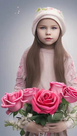 A 7-year-old little girl from Russia holds a lot of roses and puts them on her face, wears a plain white bucket hat, puts roses in front of her face so that her face is not visible, (many flowers: 1.2), soft light, golden hour, upper body, HDR, 8K, Natural Skin Texture, AO, Complex, Highly Detailed, Sharp Focus, Crazy Detail, Intricate Detail, Highly Detailed, The Girl Looked Down