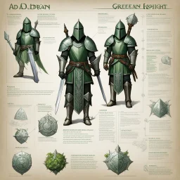 ConceptSheet for AD&D illustrated by Andrew MacLean: the green knight Arthurian Lore Concept: vegetal helmet, armour, and weapons with their blueprint: sword, shield, helmet, plate, and all the package of a knight-errant