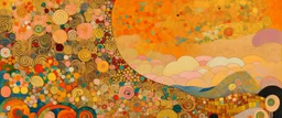 A light rosy orange sky with geometric skies designed in German folk art painted by Gustav Klimt