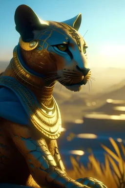 Create a Photoreal Gorgeous godking of the jaguar tabaxi humanoids looking over a futuristic desert city on the horizon in mystical haze at golden hour , otherworldly creature, in the style of fantasy movies, photorealistic, bokeh masterpiece smooth shading, ultra detailed, high resolution, cinematic, unreal 6, subtle shadows, octane render, 8k, cinema 4d, HDR, dust effect, vivid colors