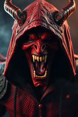 The devil hooded, open his mouth wide like he is screaming showing his fangs , look at you ,red skin, scales, unreal engine 6, high detail, intricate, cinematic. photoshoot style, intricate, studio lighting, masterpiece , highly detailed, 8k, best quality, fire, smoke, dramatic,d,<lora:mshn:0.7>,<lyco:Warrior_Couture:0.5>,