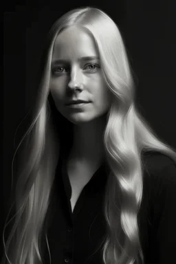 Portrait of a human woman, long blonde hair, dressed in black and white, pale,