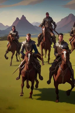 renaissance painting of mounted knights galloping across an open field, swords in hand, mountains in distance