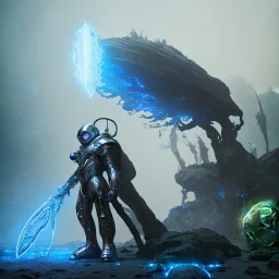 Medium shot Epic Character design, strong Alien Male galaxy void soldier wearing metal armor with glow, mist, photorealistic, octane render, unreal engine 5 style, ultra detailed, volumetric lighting, Dark Alien planet, wearing a helmet and a cape and holding a big spiky futuristic simply detailed weapon, detailed face