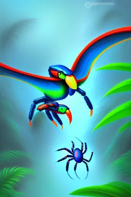 blue spider fight with one toucan, Post-Expressionism, trending on artstation, jungle setting, soft pastel colors, mystical, acrylic paint, mystical,