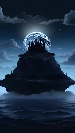 macabre island in a sea of clouds in a dark fantasy style with the moon in the background