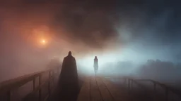 walking straight ahead over a wooden bridge, holding the angel of death with your right hand, entering the fog at the end of the road that leads to the afterlife, and a beautiful sunset and galaxy's behind the fog, realistic