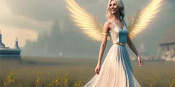 subtle queen, atmospheric, realistic, unreal engine, cinematic lighting, octane render, transparent long dress, blonde, full body, bright wings, smile, long hair