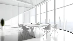 White conference interior with table and chairs, side view grey concrete floor. Stylish shelf with decoration and panoramic window on skyscrapers. 3D rendering