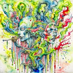 Create an artwork where asymmetrical watercolor images of Syringe injection, cocain, cigarrates and weed merge with distorted human figures, submerged in swirling waves of dark, heavy brushstrokes, conveying the loss of control and disintegration caused by substance abuse.