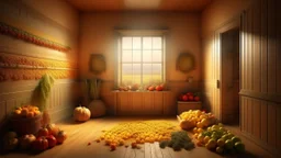 Habitación donde las paredes se estiran hacia el infinito.retrato agrícola con verduras y cereales, gesto amable, paleta otoñal, textura mate, estilo alegórico