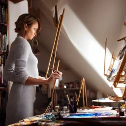 Close up of Beautiful female artist painting a self portrait in her attic studio, dramatic light, shadows