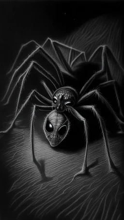 pencil drawing of a spider. Spooky, scary, halloween, realistic, black paper