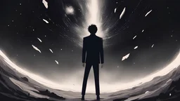 Masterpiece, A faceless man falling into the immensity of the universe, luxury suits, only universe void scenario, falling in back, falling, front scene, dark style, draw manga art style