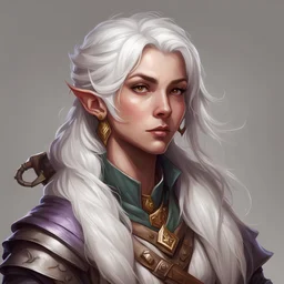 Dungeons and Dragons; portrait; plain background; human; female; Bard; white hair