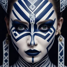A hyper-realistic close-up portrait of a mysterious woman with intricate ceremonial face paint. Her porcelain skin is painted with sharp navy blue and white geometric stripes running vertically, framing her nose and outlining her features in a symmetrical, almost sacred pattern. Her eyes are intense and ethereal, with shimmering black and silver eyeshadow, outlined in crimson red, giving her a haunting, regal presence. Red crystal-like beads hang like tears from under her eyes, strung on golden
