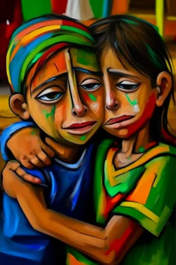 a girl hug her brother and both crying sadly, expressionism, Pixar style, in abstract art Basquiat, Picasso, Miro, Kandinsky, Klee, Birell, Fairey, Ardon, Buffet aand Picasso style, HD --s 750 --v 5.1 --style raw, water color