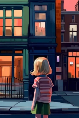 tableau d'une petite fille seule et perdue ,de 5 ans, aux cheveux clairs , de dos, dans une rue urbaine, immeubles colorés , boutiques avec vitrines à la manière de EDWARD HOPPER