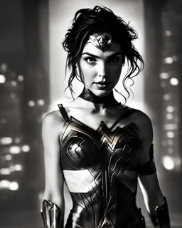 Chiaroscuro photography, Gal Gadot Wonder Woman portrait, real life photo-shot, black & white with golden accents, cinematic lighting, strong, wet, rainny, dark city background