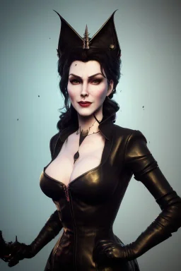 Amy Dumas as evil queen in black leather gown, evil, busty, cleavage, curvy, angry, stern look. character design by cory loftis, fenghua zhong, ryohei hase, ismail inceoglu and ruan jia. unreal engine 5, artistic lighting, highly detailed, photorealistic, fantasy