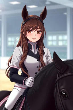 A portrait of a woman with long brown hair and red eyes wearing competitive horse riding clothes, riding a black horse, modern dressage arena setting, anime style, intricately detailed, masterpiece, HD, 4k