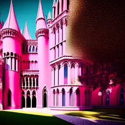 concept art, concept design, neogothic palace, neo gothic, aesteric, pink walls, pink exterior, glass exterior, english garden around, gardens, plants, trees, volumetric light, photorealistic, high quality, cinematic, sunny