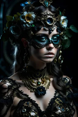 Beautiful faced young jade ribbed face masque cyberpunk filigree decadent európean woman, adorned with decadent black rose deco punk and black hiris,hydrangea floral azurit and black onix obsidian jade mineral stone headress wearing black lace ribbed with agate stone mineral and embossed floral costume dress, golden and white and black colour gradient Dusty makeup filigree organic bio spinal ribbed detail of gothica decadent dark cyberpunk shamanism background extremely detailed maximálist