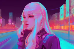 Vaporwave neon psychedelic color illustration of a beautiful woman with long white hair standing on an empty city street at nighttime with psychedelic colorful lights, prisms, and reflections