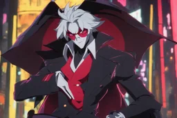 Alastor in 8k anime cgi draw style, hazbin hotel them, neon effect, close picture, rain, highly detailed, high details, detailed portrait, masterpiece,ultra detailed, ultra quality