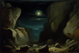 Night, rocks, valley, mountains, friedrich eckenfelder impressionism paintings