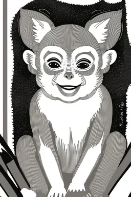 A delightful coloring page design showcasing an adorable baby monkey in a charmingly naive art style. The artist has skillfully created a whimsical scene with minimal details and a focus on bold, thick black outlines. The endearing fox, prominently positioned in the center, is the highlight of this illustration. The all-white background beautifully complements the simplistic design, allowing young artists to unleash their creativity. As the baby fox takes center stage, a subtle hint of its