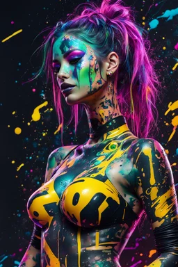 Woman cyberpunk many neon tattoos on his body, fullbody, lying pose, behind paint splashes and streaks and blotches industrial,