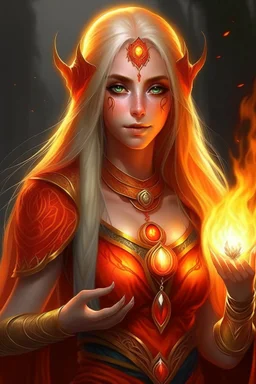 female eladrin fire druid . long light hair made from fire. Tanned skin. Big red eyes with touch of fire