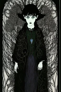 7 year old boy, friendly, looks dead, with weird mushrooms growing out of him, wearing black robes, in the style of Harry Clarke