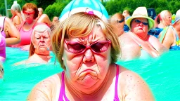 mother pouting at a crowded water park