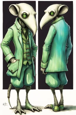 Artist Jean-Baptiste Monge style. A old biomorph male humanoid with Anteater face. Bright eyes. A green and blue striped outfit. Modifiers: Tim Burton Craig Rutkowski Modifiers:neon glowing Iridescent black ink