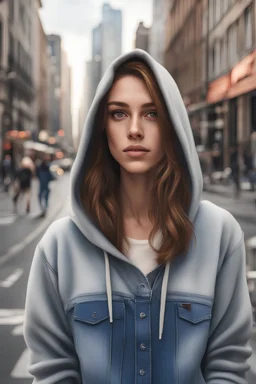 a realistic photo of a woman with brown hair and dark eyes, wearing jeans and a hoodie and snikers in the middle of a city , hyper realistic, 14K,