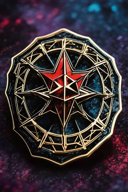 abstract symbol of an ancient Catalan female vampire coven , in the form of highly detailed 12 sided star lapel pin, in the graphic novel style of Bill Sienkiewicz