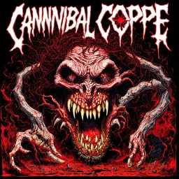 Chaos horrific, Carnivorous attack Apocalyptic plight, Grotesque morbid threat, illustrative style by Arturo Souto, unbalanced, offset, non-symmetrical surreal horror, text "Cannibal Corpse" album cover aesthetic in a death metal font