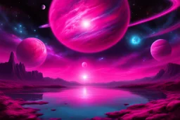 fushsia sky, planet in the sky, lake, sci-fi, mountains, galactic cosmic influence