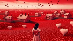 A surreal landscape with numerous white houses with red heart-shaped patterns covering them. In the foreground, a woman in a red dress stands among the structures, while a silhouetted figure is visible in the distance.